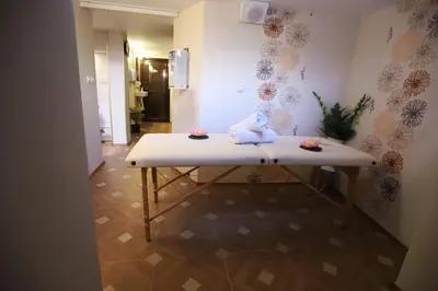 a table in a hallway with flowers on the wall at Garni Hotel Laguna Lux in Niš