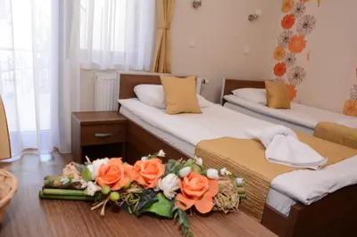 two beds in a room with flowers on the floor at Garni Hotel Laguna Lux in Niš
