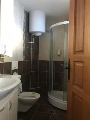 a bathroom with a shower and a toilet and a sink at Villa Popara Kopaonik in Kopaonik