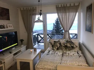 a bedroom with a bed and a large window at PROMO Evergreen apartments in Kopaonik