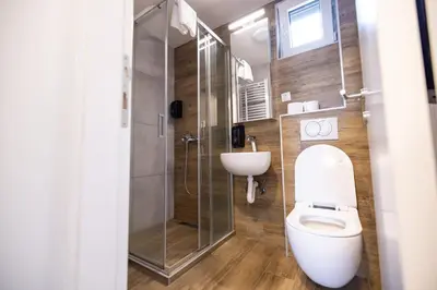 a bathroom with a toilet and a shower and a sink at PROMO Evergreen apartments in Kopaonik