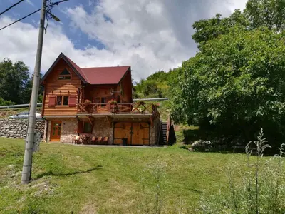 a log house on a grass field with a tree at Vila Jelena in Crni Vrh
