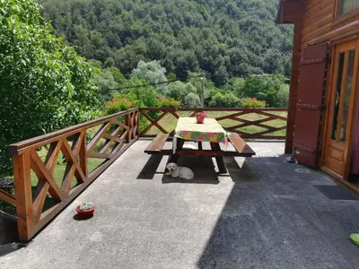 a dog laying next to a picnic table on a patio at Vila Jelena in Crni Vrh