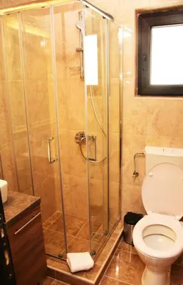 a bathroom with a shower and a toilet at Villa Polaris in Kopaonik