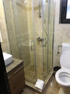 a bathroom with a shower and a toilet at Villa Polaris in Kopaonik