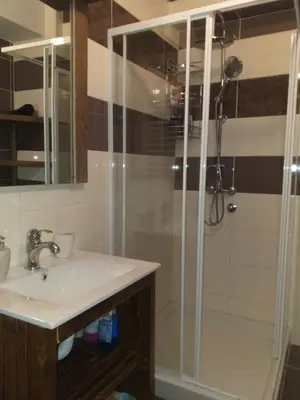 a bathroom with a shower and a sink at Suncani apartman 26 in Brzeće