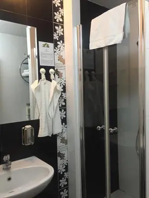 a bathroom with a shower and a sink at Peak Center Konaci in Kopaonik