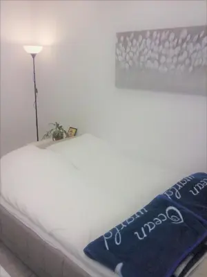 a white bed with a blue blanket and a lamp at Apartman Veljic in Niš