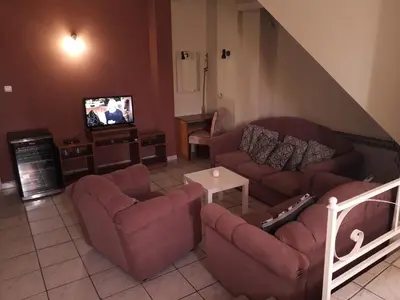 a living room with two couches and a tv at B&B Bebinac in Leskovac