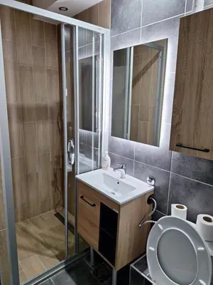 a bathroom with a toilet and a sink and a shower at goltepirot in Pirot
