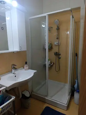a bathroom with a shower and a sink at Ljubica in Brzeće