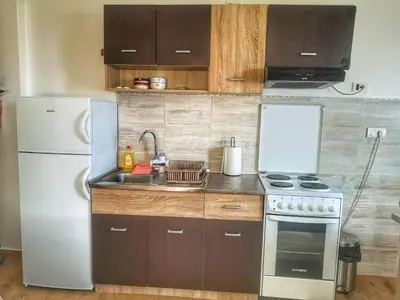a kitchen with a white refrigerator and a sink at Iznad Oblaka Apartman 8 in Kopaonik