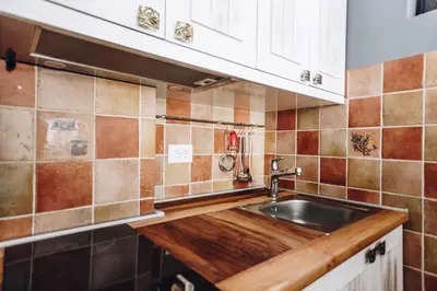 a kitchen with a sink and a counter at Jules Verne apartments in Kopaonik