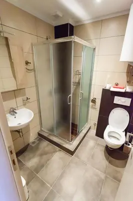 a bathroom with a shower and a toilet and a sink at Top Lux Zupa in Kopaonik