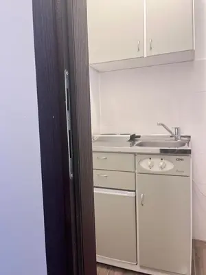 a small kitchen with a sink and a stove at Guest House Vila Pobeda in Vrnjačka Banja