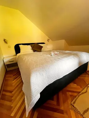 a bedroom with a large white bed in a room at Guest House Vila Pobeda in Vrnjačka Banja