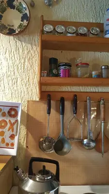 a kitchen counter with utensils on a shelf at GreenPointMountainHouse for 6 persons in Kopaonik