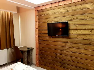 a room with a wooden wall with a television on it at Villa Grazia in Vladičin Han