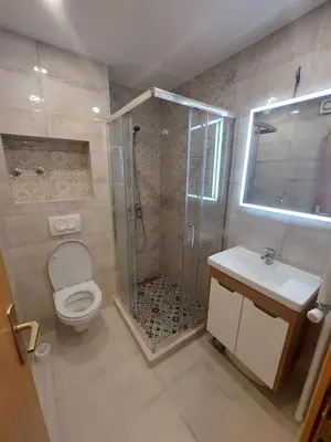 a bathroom with a shower and a toilet and a sink at Apartman-Vila Nikola, 064jedansedamdvatridevetnulatri in Kopaonik
