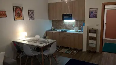a small kitchen with a table and chairs and a counter at Apartman-Vila Nikola, 064jedansedamdvatridevetnulatri in Kopaonik