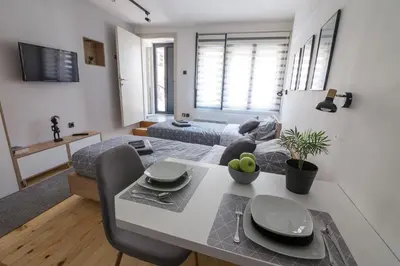 a kitchen and living room with a table and a couch at Sunrise Apartments in Niš
