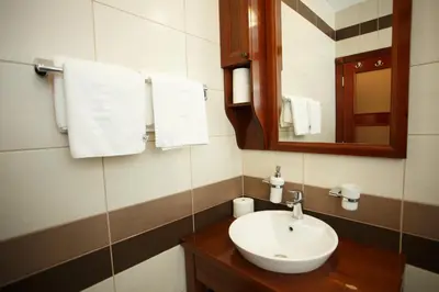 a bathroom with a sink and a mirror and towels at Vila Trag in Kopaonik