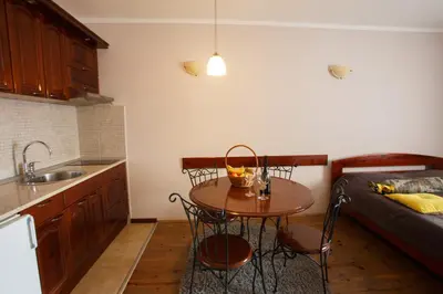 a small kitchen with a table and a bed at Vila Trag in Kopaonik