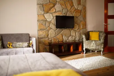 a living room with two chairs and a tv on a stone wall at Vila Trag in Kopaonik