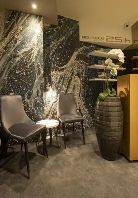 two chairs and a vase in front of a wall at BOUTIQUE 25h by Eva stay 018 in Niš