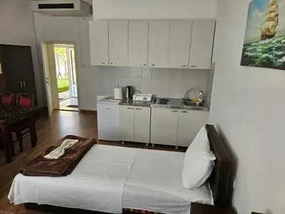 a small kitchen with a bed in a room at Apartments Kuca Aleksic in Niš