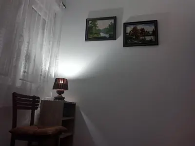 two pictures on a wall with a chair and a lamp at Apartman Krstić in Vrnjačka Banja