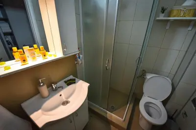 a bathroom with a shower and a sink and a toilet at Urban Apartment in Niš