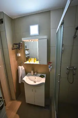 a bathroom with a sink and a shower at Urban Apartment in Niš