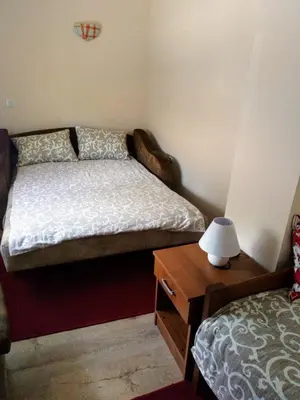 a bedroom with a bed and a table with a lamp at Guest House Green view in Pirot