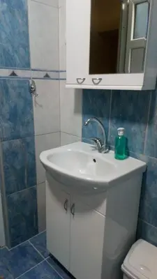 a bathroom with a sink and a mirror and a toilet at Guest House Green view in Pirot