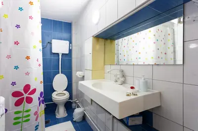 a bathroom with a sink and a toilet and a mirror at SB centar apartmani in Niš