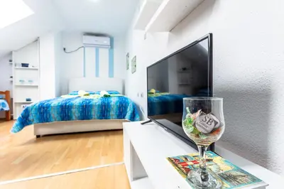 a living room with a tv and a table with a wine glass at SB centar apartmani in Niš