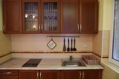 a kitchen with wooden cabinets and a sink at Apartment Matovic in Vrnjačka Banja