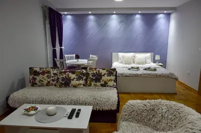 a living room with two beds and a table at Apartment Marijana in Vrnjačka Banja