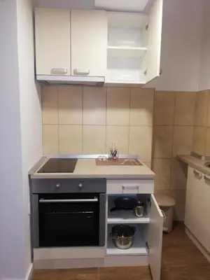 a small kitchen with a stove and a sink at Laguna apartman 2 in Niš