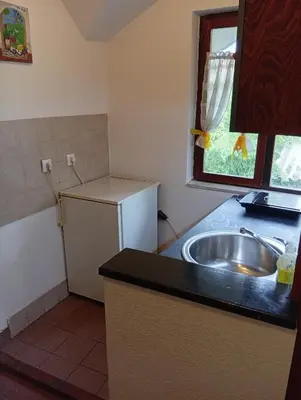 a small kitchen with a sink and a refrigerator at Apartman Kaća in Vrnjačka Banja