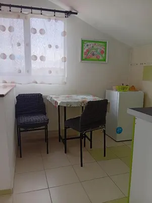a kitchen with a table and two chairs and a refrigerator at Apartman Kaća in Vrnjačka Banja