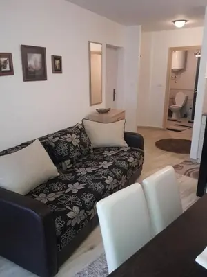 a living room with a couch and a table at Stefan apartmani in Kopaonik