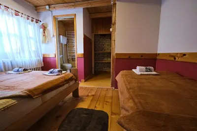 a bedroom with two beds and a book shelf at Golema Reka in Crni Vrh