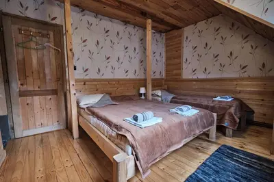 a room with two beds in a log cabin at Golema Reka in Crni Vrh