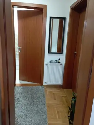 a hallway with a door and a mirror and a rug at Jasna Apartman in Vrnjačka Banja