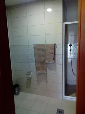 a bathroom with a shower with a glass door at Jasna Apartman in Vrnjačka Banja