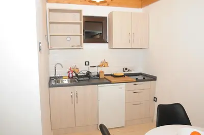 a kitchen with wooden cabinets and a sink at AS Apartments in Kopaonik