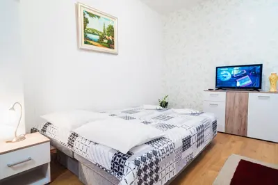 a bedroom with a bed and a tv on a wall at Apartmani Slavica in Jagodina