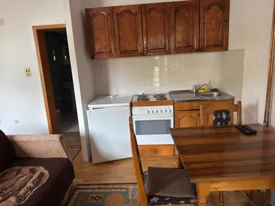 a kitchen with a white stove and a sink at Apartments and Rooms Vicko in Brzeće
